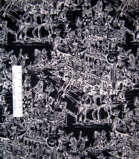 Folklorico Fabric - Deadwood Saloon Skull Skeleton Black - Alexander Henry YARD