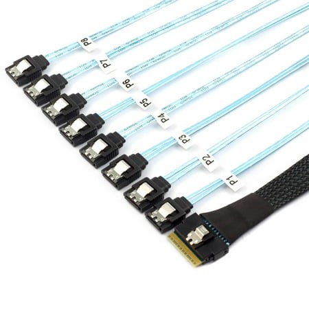 JSER 100CM Slimline SAS 4.0 SFF-8654 8i 74pin Host Raid to 8 SATA 7pin Target Hard Disk Fanout Raid Cable 1-to-8 Splitter