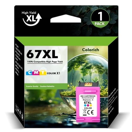 67 67XL Ink Cartridges 67XL 67 1 Pack Tri-color Ink Compatible for OfficeJet 2755 4155 2722 2723 2724 2725 2732 Envy 6055 6455 6458 6475 Printer Ink