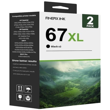 67 67XL Black Ink Cartridges Compatible for HP 67XL 67 Printer Ink 2 Pack Black for OfficeJet 2755 4155 2722 2723 2724 2725 2732 Envy 6055 6455 6458 6