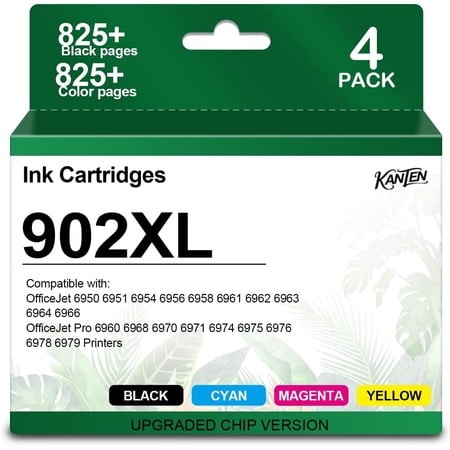 902XL 902 XL Ink Cartridge BK/C/M/Y 4-Pack (with Chip) High-Yield Replacement for Officejet Pro 6978 6968 6974 6975 6960 Officejet 6951 6954 6956 6958