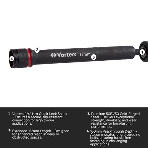 C.K Tools Vorteck Extra Deep 17mm Nut and Bolt Driver, 152mm Long Reach with 100mm Pass Through Depth, 1/4 Inch Hex Quick Lock Shank, 50BV30 Steel Imp thumbnail