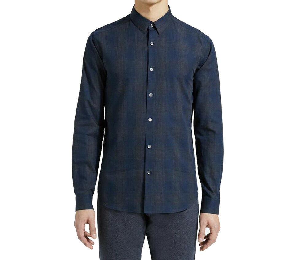 New  Theory Mens Zack Gotham Plaid Long Sleeve Collared Shirt Navy Melange, S, 3439-8