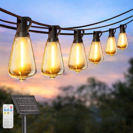 Solar String Lights Outdoor Waterproof with Remote & Timer  LED Shatterproof ST38 Bulbs  USB & Solar Powered Patio Lights for Backyard  Porch  Garden 