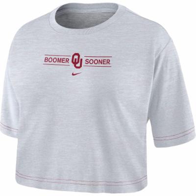 Nike Oklahoma Sooners Womens White Slub Crop Short Sleeve T-Shirt, White, 65% COTTON / 35% POLYESTER, Size S