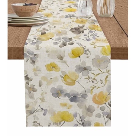 Yellow Grey Botanical Burlap-Cotton Table Runner 72 Inches Long Spring Floral Watercolor Rustic Farmhouse Table Runners Outdoor Dining Tablecloths Dec