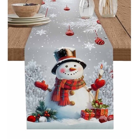 Grey Snowman Christmas Burlap-Cotton Table Runner 72 Inches Long Xmas Tree Red Balls Snowflake Farmhouse Table Runners Outdoor Dining Tablecloths Deco