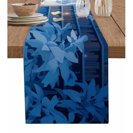 Blue Christmas Burlap-Cotton Table Runner 72 Inches Long Xmas Tree Snowflake Winter Farmhouse Table Runners Outdoor Dining Tablecloths Decor for Baby 