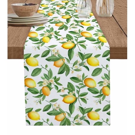 Summer Lemon Burlap-Cotton Table Runner 36 Inches Long Green Botanical Watercolor Fruits Farmhouse Table Runners Outdoor Dining Tablecloths Decor for 