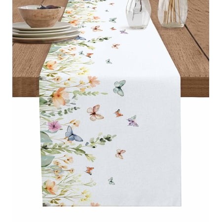 Spring Floral Burlap-Cotton Table Runner 72 Inches Long Butterfly Summer Botanical Watercolor Farmhouse Table Runners Outdoor Dining Tablecloths Decor
