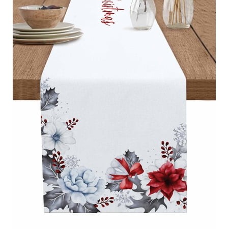 Merry Christmas Burlap-Cotton Table Runner 60 Inches Long Xmas Poinsettia Grey Botanical Farmhouse Table Runners Outdoor Dining Tablecloths Decor for 