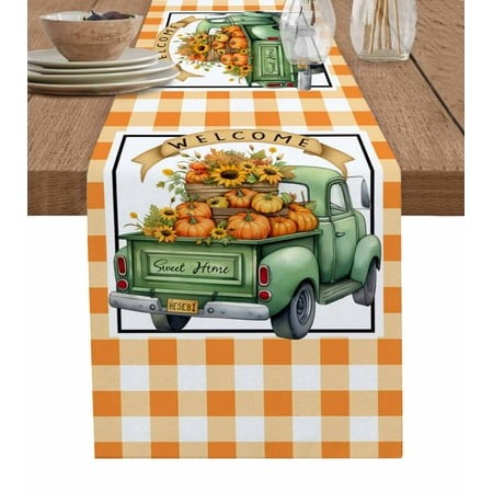 Fall Truck Burlap-Cotton Table Runner 90 Inches Long Orange Plaid Pumpkins Sunflower Thanksgiving Farmhouse Table Runners Outdoor Dining Tablecloths D