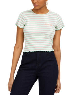 Dickies Girl Juniors' Short Sleeve Cropped Embroidered Striped T-Shirt - Mint Size M (L10557)
