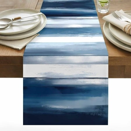 Blue Strip Table Runner 13x72 Inch Watercolor Street Art Cotton Linen Dining Table Runner Ideal for Dresser Kitchen Coffee Tables - Machine Washable