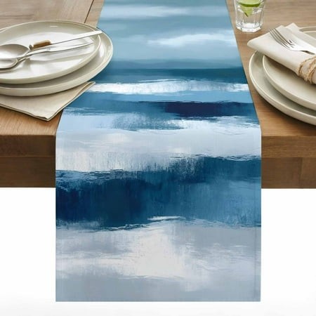 Abstract Blue Table Runner 13x90 Inch Retro Watercolor Ripple Cotton Linen Dining Table Runner Ideal for Dresser Kitchen Coffee Tables - Machine Washa