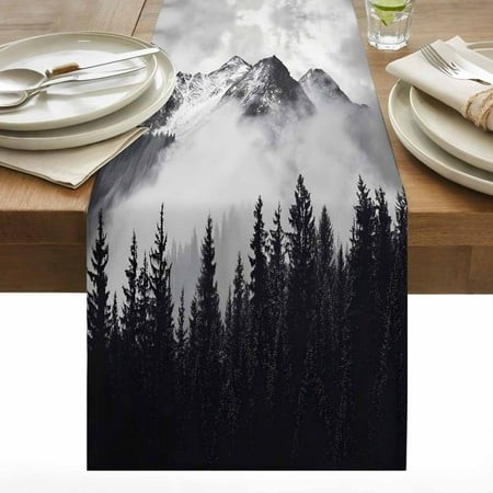 Snow Mountain Table Runner 13x48 Inch Nature Scenery Black Forest Vintage Style Cotton Linen Dining Table Runner Ideal for Dresser Kitchen Coffee Tabl
