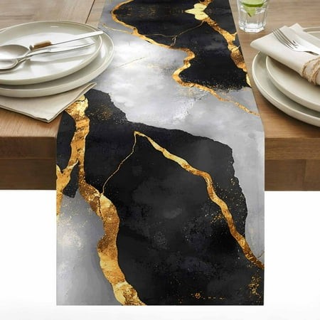 Abstract Art Table Runner 13x36 Inch Gold Black Gradient Marbling Water Ripple Cotton Linen Dining Table Runner Ideal for Dresser Kitchen Coffee Table