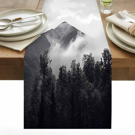 Snow Mountain Table Runner 13x60 Inch Nature Scenery Black Forest Impressionist Cotton Linen Dining Table Runner Ideal for Dresser Kitchen Coffee Tabl