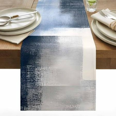 Abstract Art Table Runner 13x90 Inch Blue Gary Color Block Collage Oil Painting Cotton Linen Dining Table Runner Ideal for Dresser Kitchen Coffee Tabl