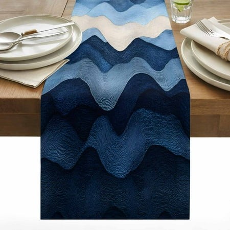 Abstract Art Table Runner 13x48 Inch Beige Dark Blue Ripple Minimalist Art Linen Cotton Linen Dining Table Runner Ideal for Dresser Kitchen Coffee Tab