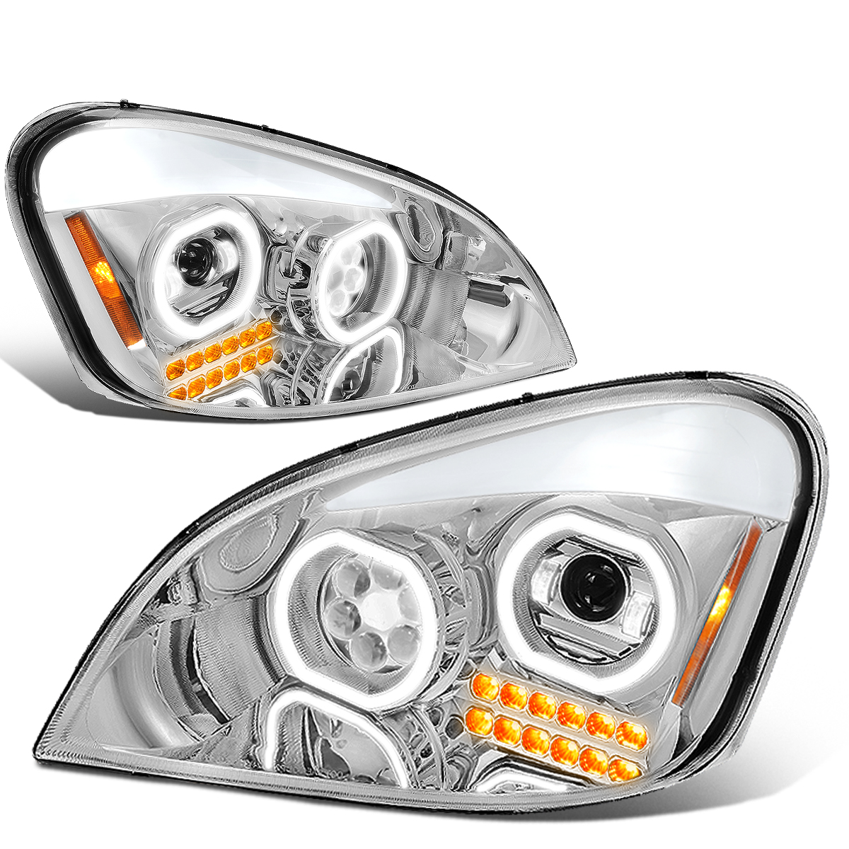 DNA Motoring HL-HAY-002-CH for 2008 to 2017 Freightliner Cascadia Chrome Housing Full LED DRL Turn Signal Halo Projector Headlight Lamp 09 10 11 12 13