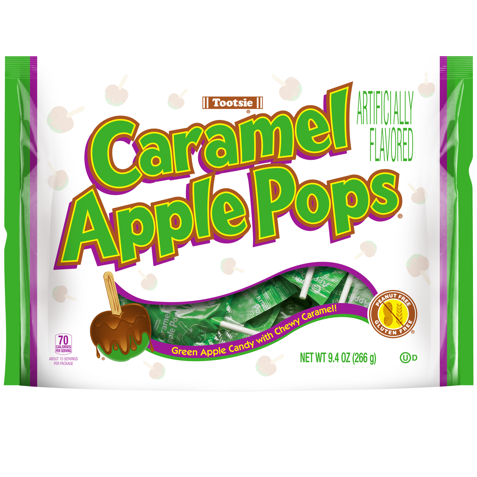 Tootsie Caramel Apple Pops  9.4 Oz. Gluten Free  Peanut Free. Contains Milk and Soy