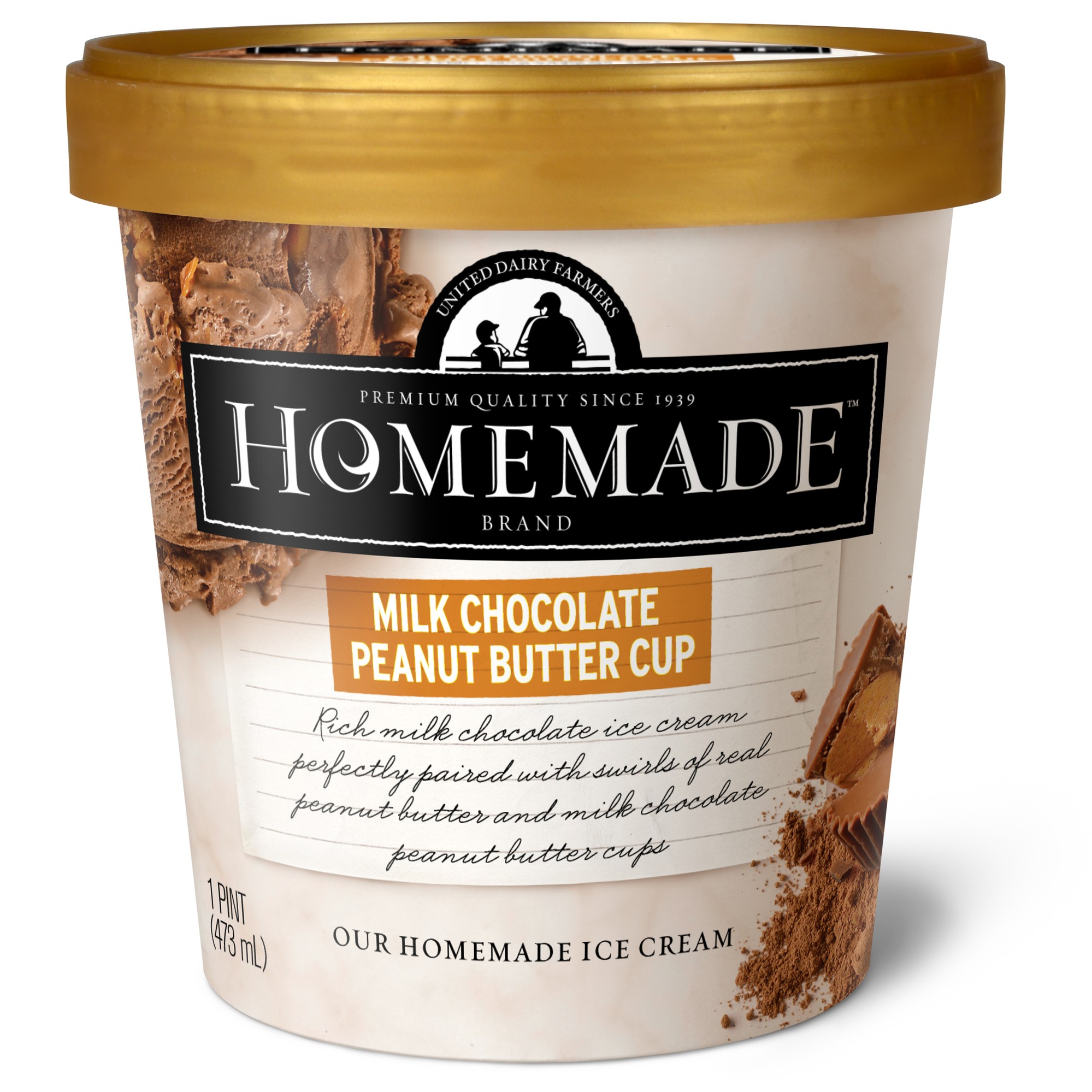 Rich Milk Chocolate Ice Cream Perfectly Paired with Swirls of Real Peanut Butter and Milk Chocolate Peanut Butter Cups