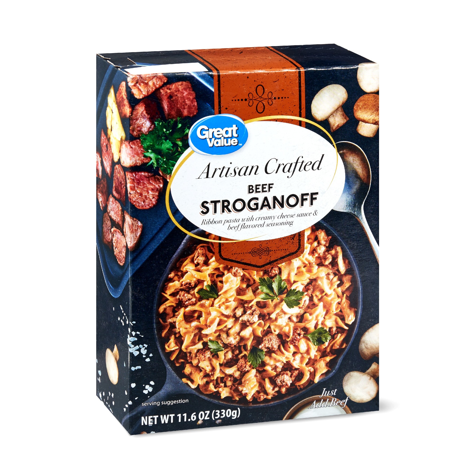 BEEF STROGANOFF ARTISAN CRAFTED RIBBON PASTA WITH CREAMY CHEESE SAUCE & BEEF FLAVORED SEASONING, BEEF STROGANOFF
