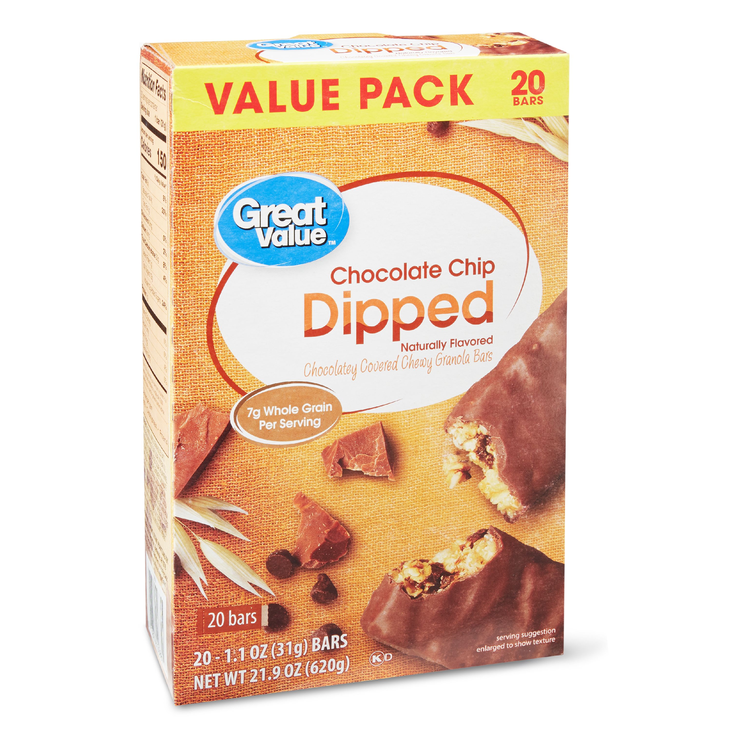 Great Value Chocolate Chip Dipped Chewy Granola Bars Value Pack 1.1 Oz 20 Count