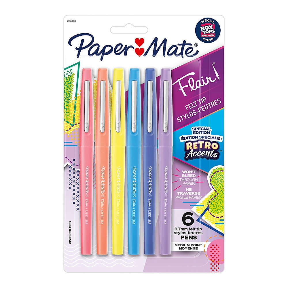Paper Mate Flair Felt Tip Pens  #1 Teacher Choice  Medium Point (0.7mm)  Special Edition Retro Accents  Assorted Colors  6 Count