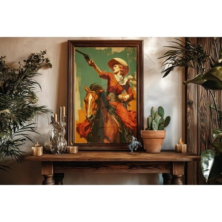 Vintage Cowgirl on Horse Poster  Retro Western Art  Rustic Farmhouse Decor Home Decor #3119  Unframed Poster Size 16x24