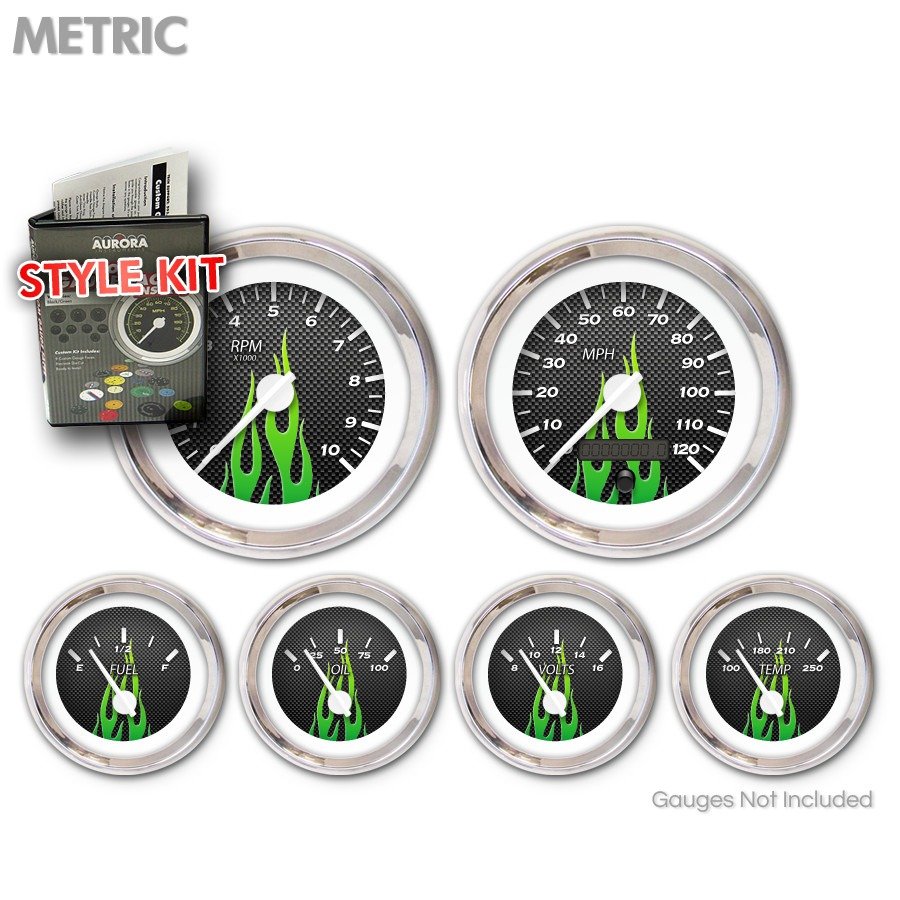 Style Kit - Metric Carbon Fiber Green Flame, White Modern Needles, Chrome