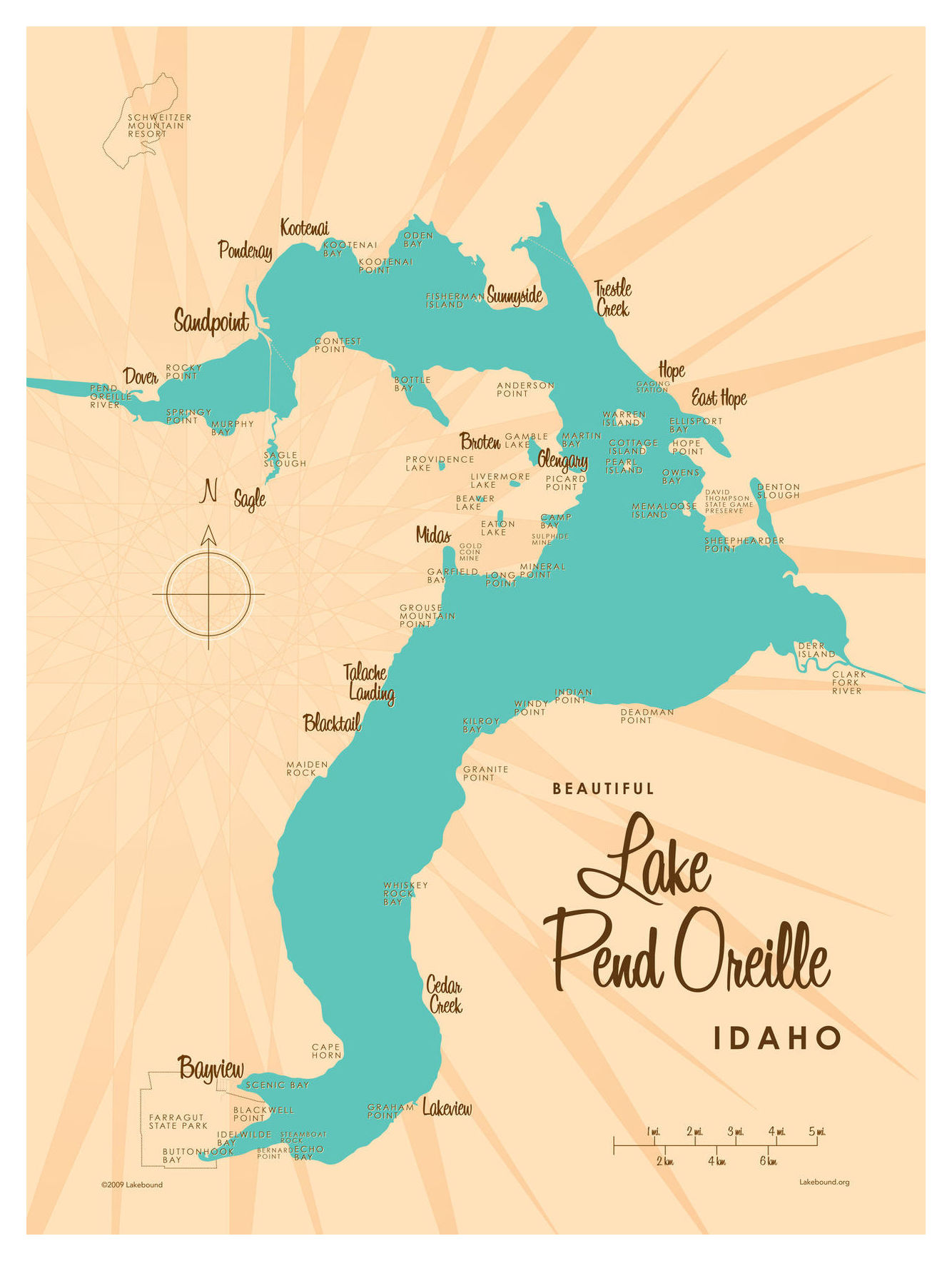 Lake Pend Oreille Idaho Map Vintage-Style Art Print by Lakebound (9  X 12 ).