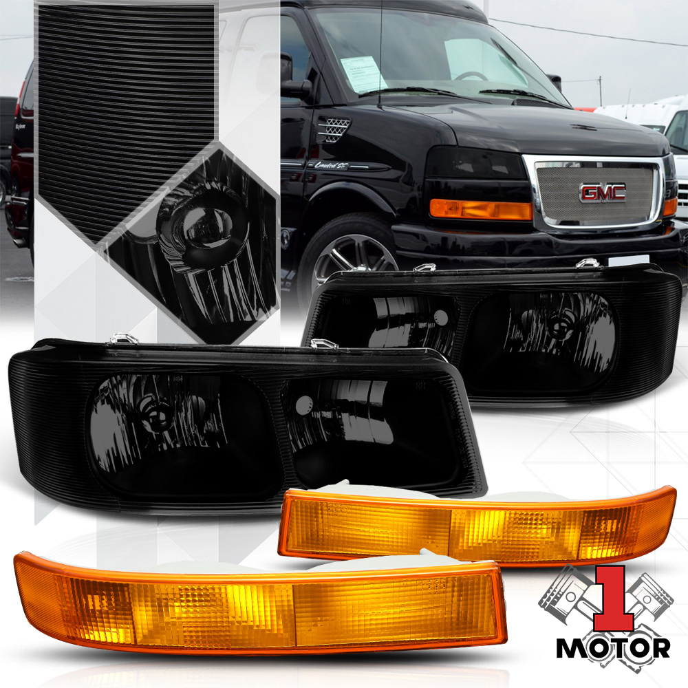 Black/Smoke Headlight+Amber Bumper Signal Marker Lamp for 03-20 Savana/Express 04 05 06 07 08 09 10 11 12 13 14 15 16 17 18 19