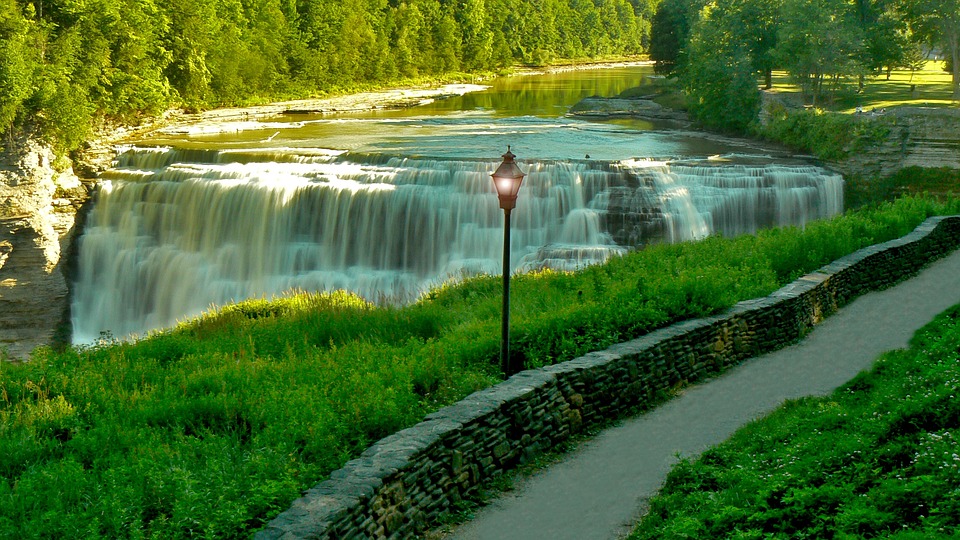 Water Travel Waterfall Park Path Forest Nature-20 Inch by 30 Inch Laminated Poster with Bright Colors and Vivid Imagery-Fits Perfectly in Many Attract
