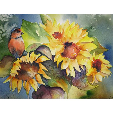 Sunny Bird Warbler 16x12 Sunflower Art Print Poster by Kate Wyman POD