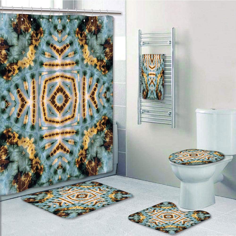 PRTAU Close Hippie Motif with Maya Clan Figures Dirt Tones Counter Culture 5 Piece Bathroom Set Shower Curtain Bath Towel Bath Rug Contour Mat and Toi