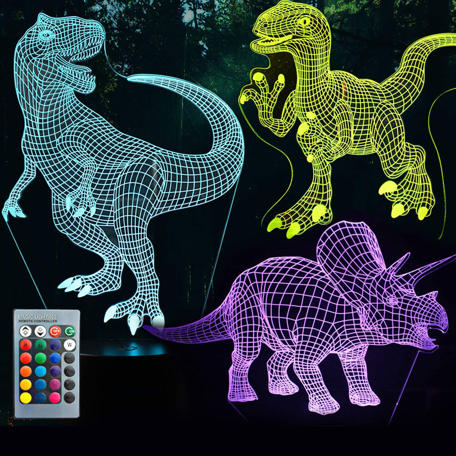 Gvieevol Dinosaur Night Light - 3D LED Illusion Lamp Three Pattern and 16 Color Change Decor Lamp with Remote Control for Kids  Dinosaur Gifts for Chi