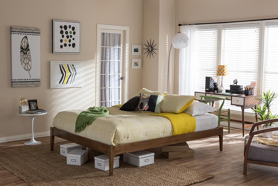 Contemporary King Platform Bed Rubberwood Walnut Brown 1253