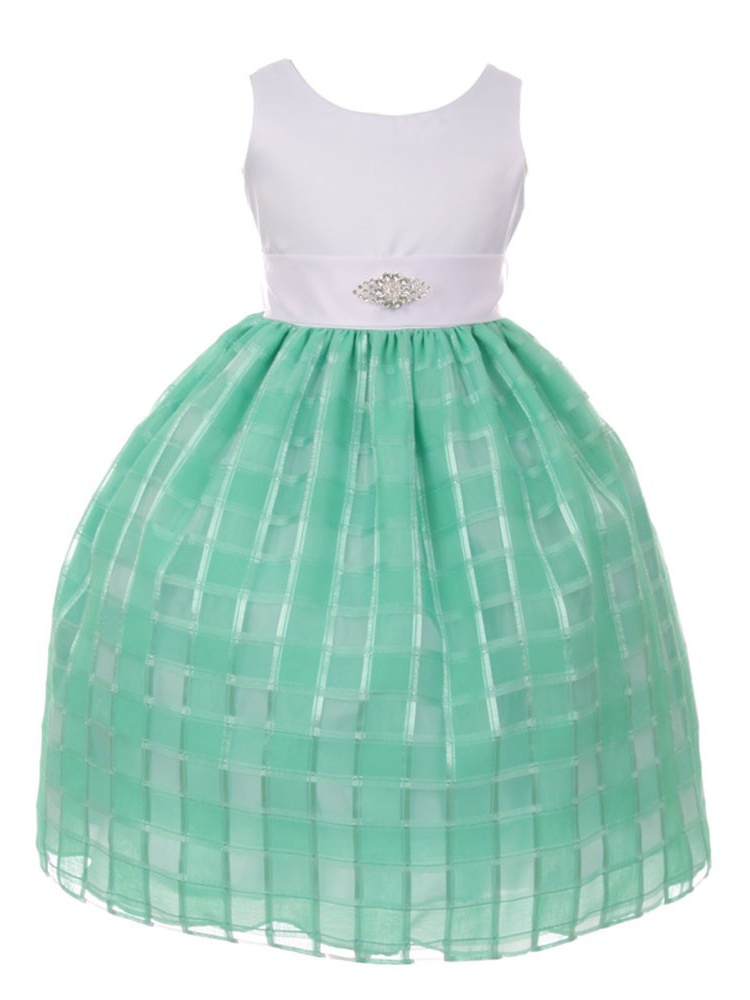 Girls Mint Square Pattern Brooch Accented Junior Bridesmaid Dress