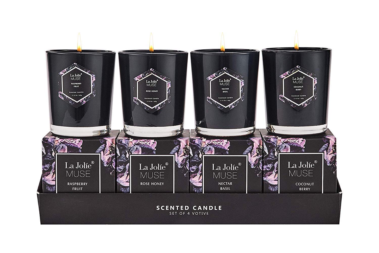 LA JOLIE MUSE Votive Scented Candles Gift Set-4 Mini Cobalt Blue Glass Candle,Coconut Berry/Rose/Raspberry/Basil