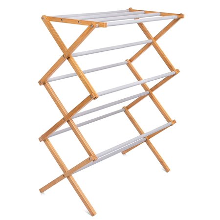 BirdRock Home Folding Steel Clothes Drying Rack - 3 Tier - Water-Resistant Bamboo Wood - Fully Assembled Collapsible Dry Rack - Grey