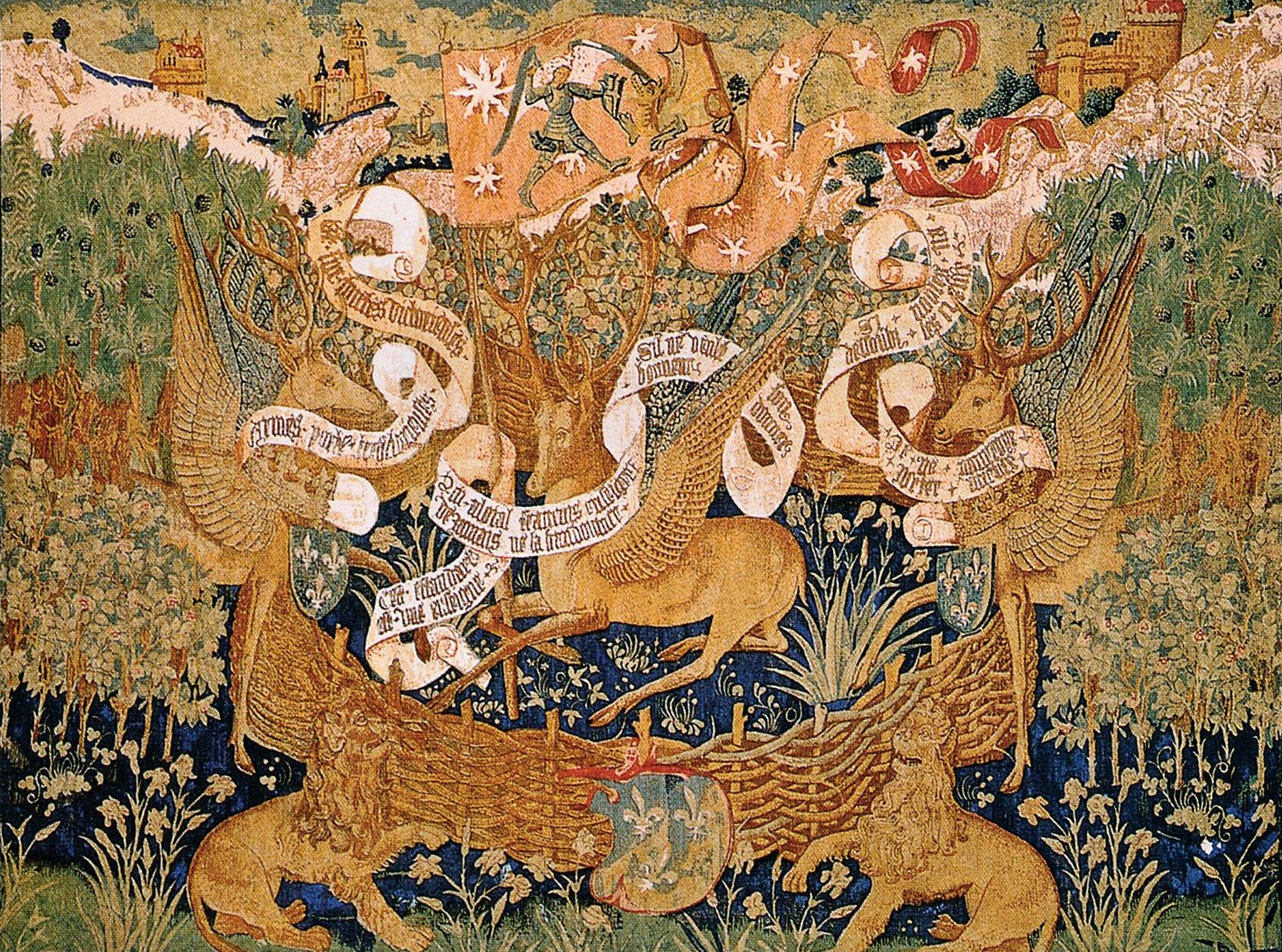 Tapestry DAVID MICHAEL TAPESTRIES 15th C the Winged Stags 57x76 Wool Lin DM-1507