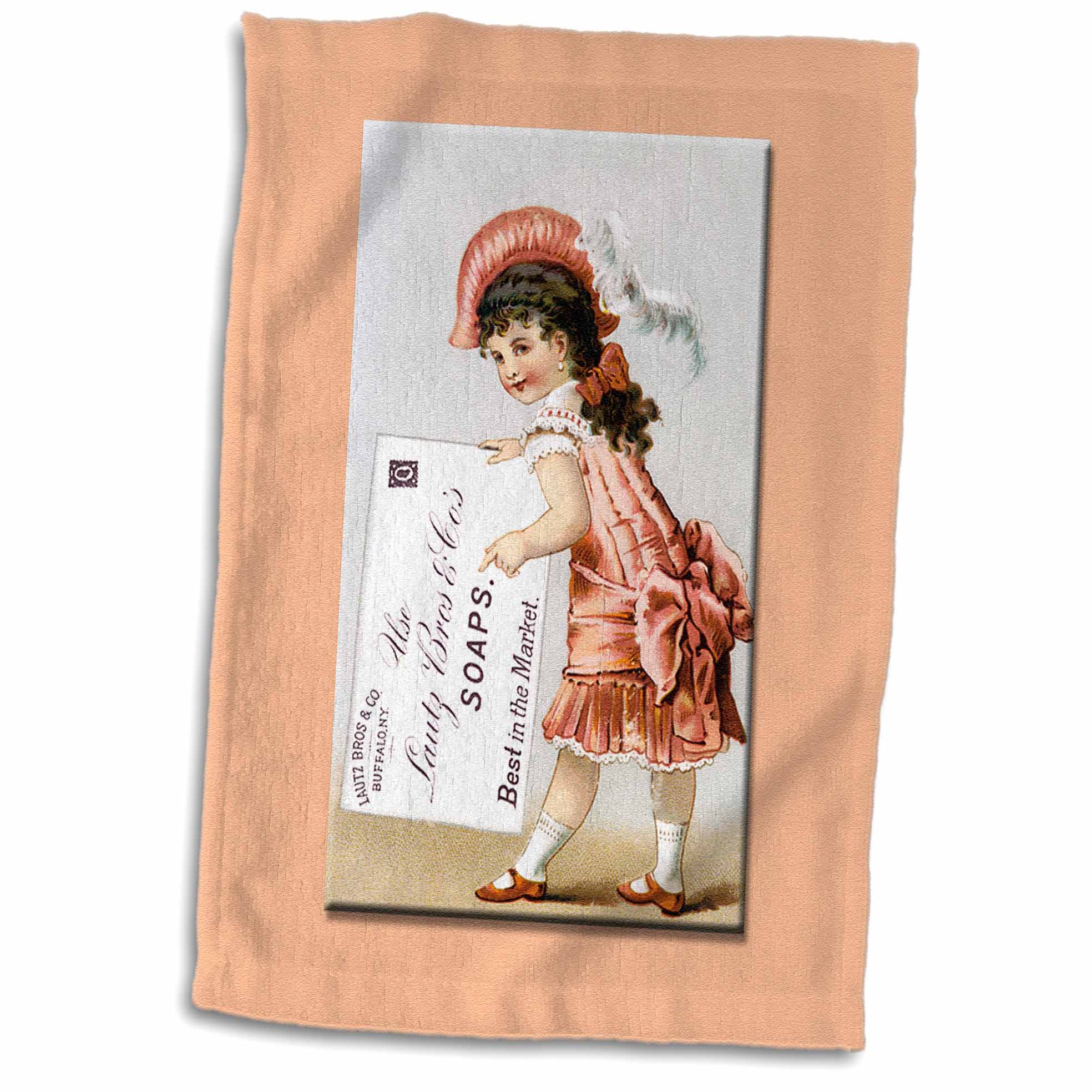 3dRose Lautz Brothers and Company Soap Little Girl in Peach Dress and Feathered Hat - Towel  15 by 22-inch