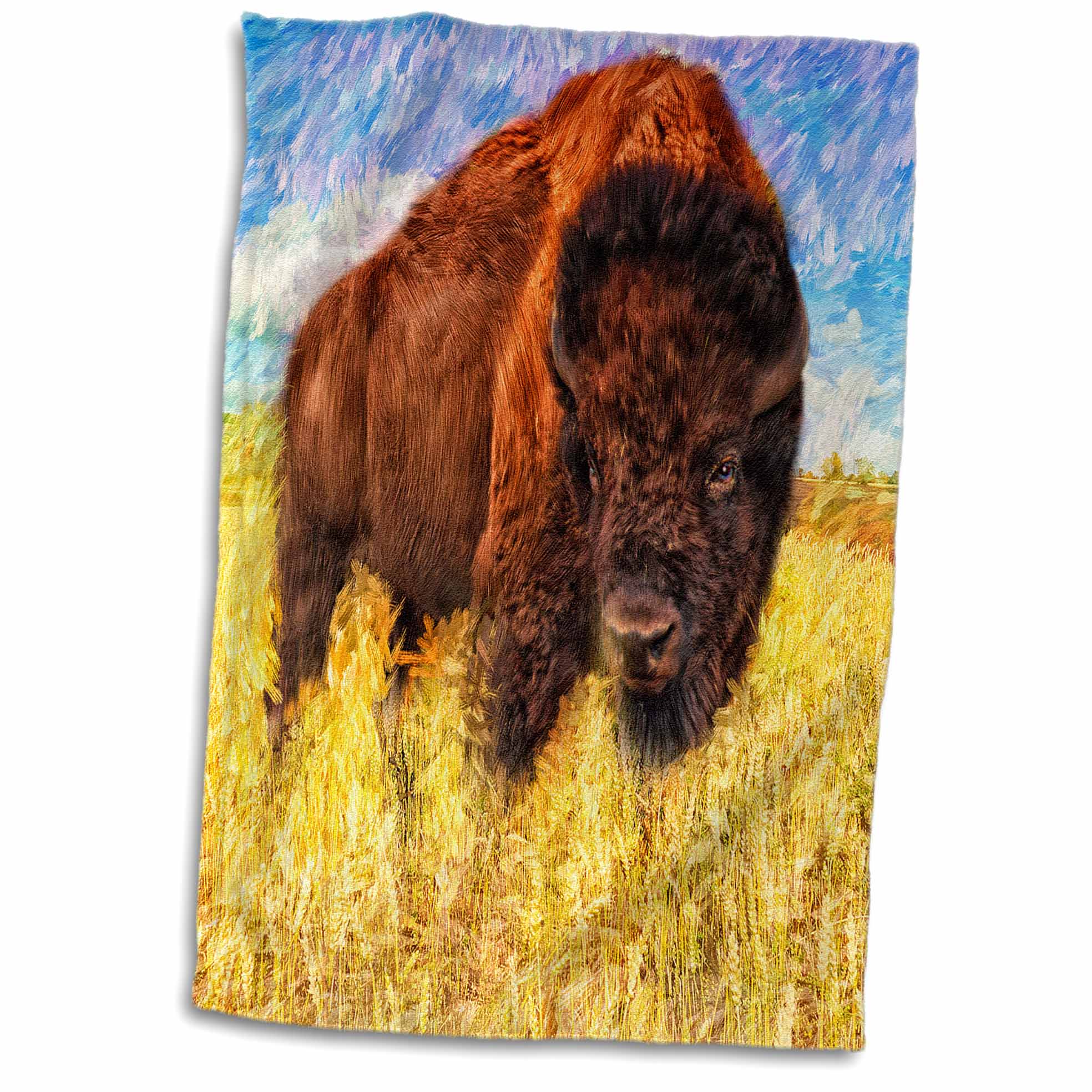 3dRose Buffalo Painting in Rich Browns  Blue Sky and Golden Grasses - Towel  15 by 22-inch