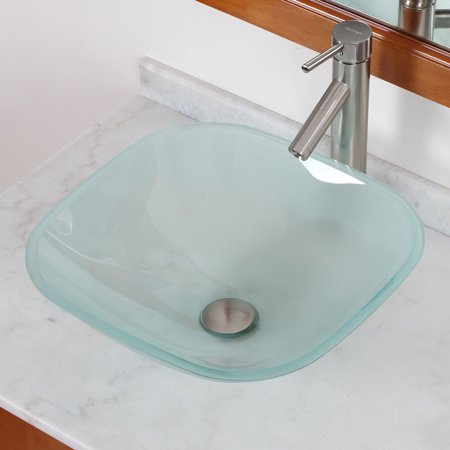 Elite Frosted Square Glass Bathroom Vessel Sink Bowl with Brushed Nickel Pop-up Drain and Mounting Ring - GD04F+P01008BN