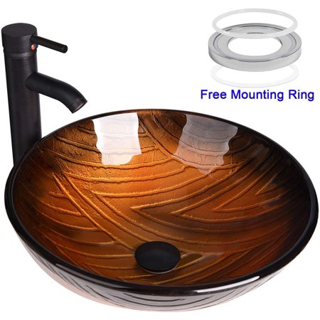 ELECWISH Bathroom Vessel Sink with Faucet Mounting Ring and Pop up Drain 16.5 Inch Round Bowl Basin