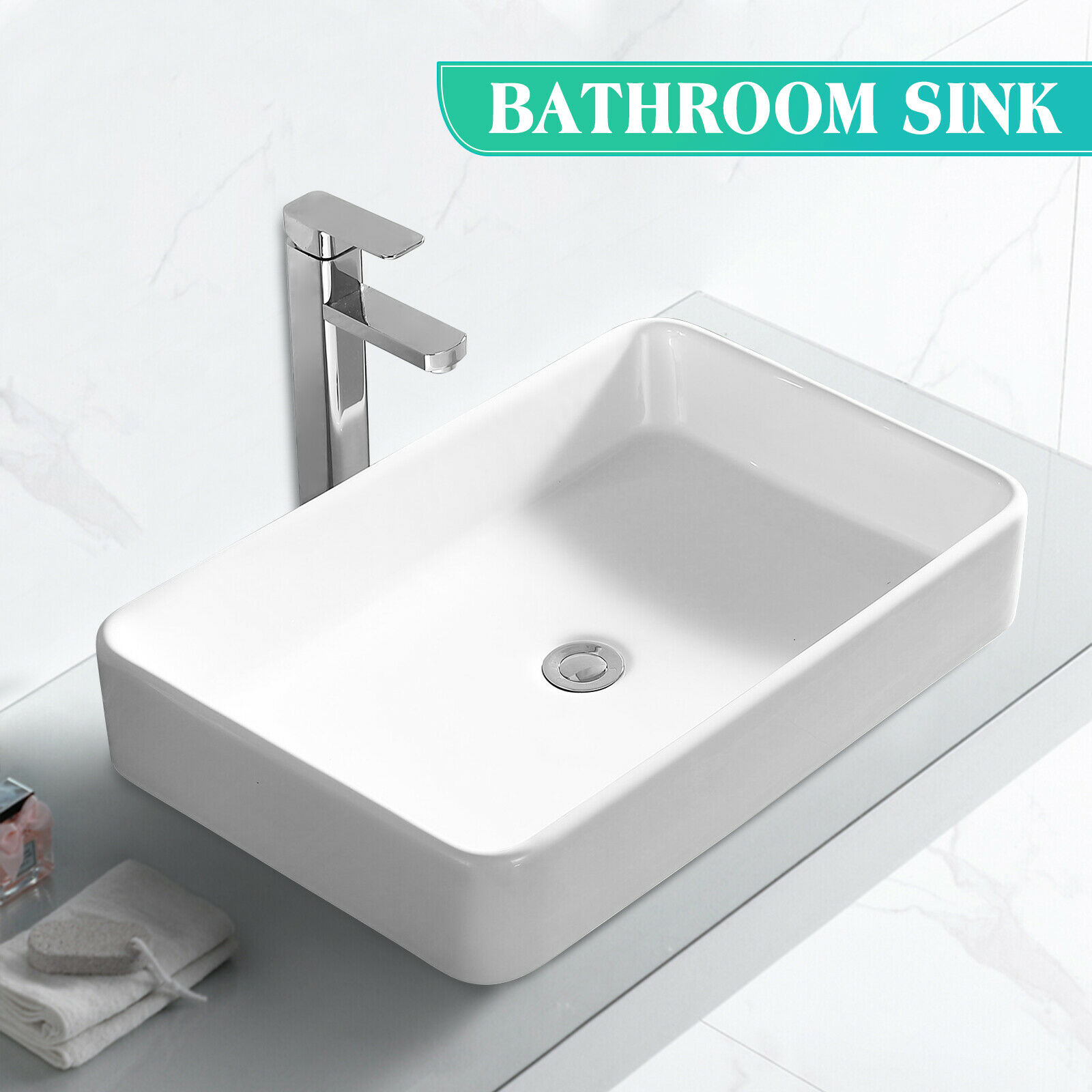 White Porcelain Sink Bowl Vessel Basin with Pop up Drain Rectangle Bathroom