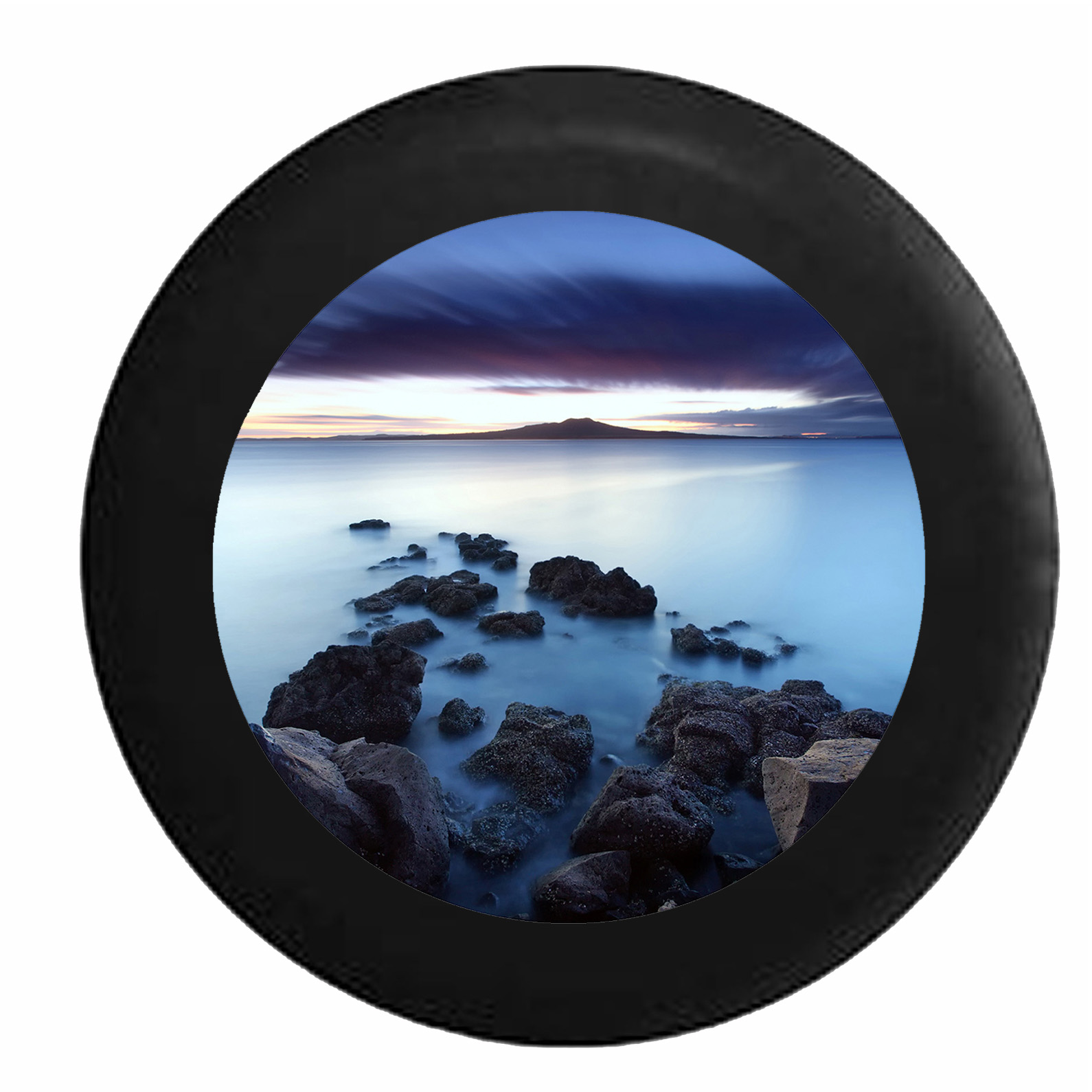 Stone Path Into the Foggy Ocean Water Scenic Sky Jeep RV Camper Spare Tire Cover Black 29 in