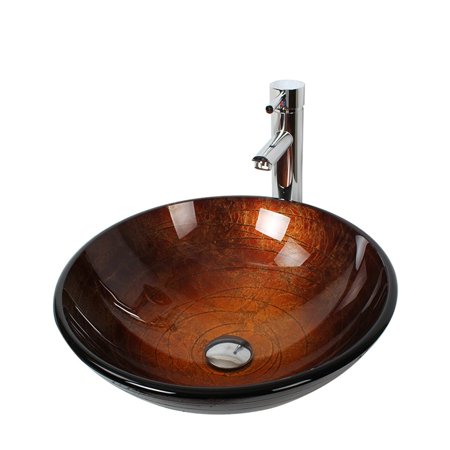 Arsumo Brown Circular Glass Vessel Bathroom Sink Set - Faucet  Pop-up Drain and Mounting Ring